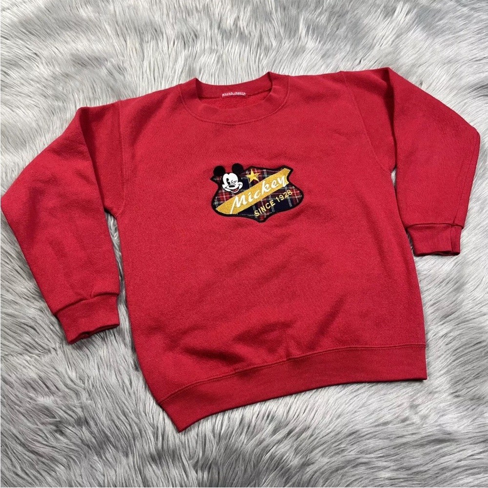 Vintage 90s Disney Mickey Mouse Red Plaid Kids Sweater